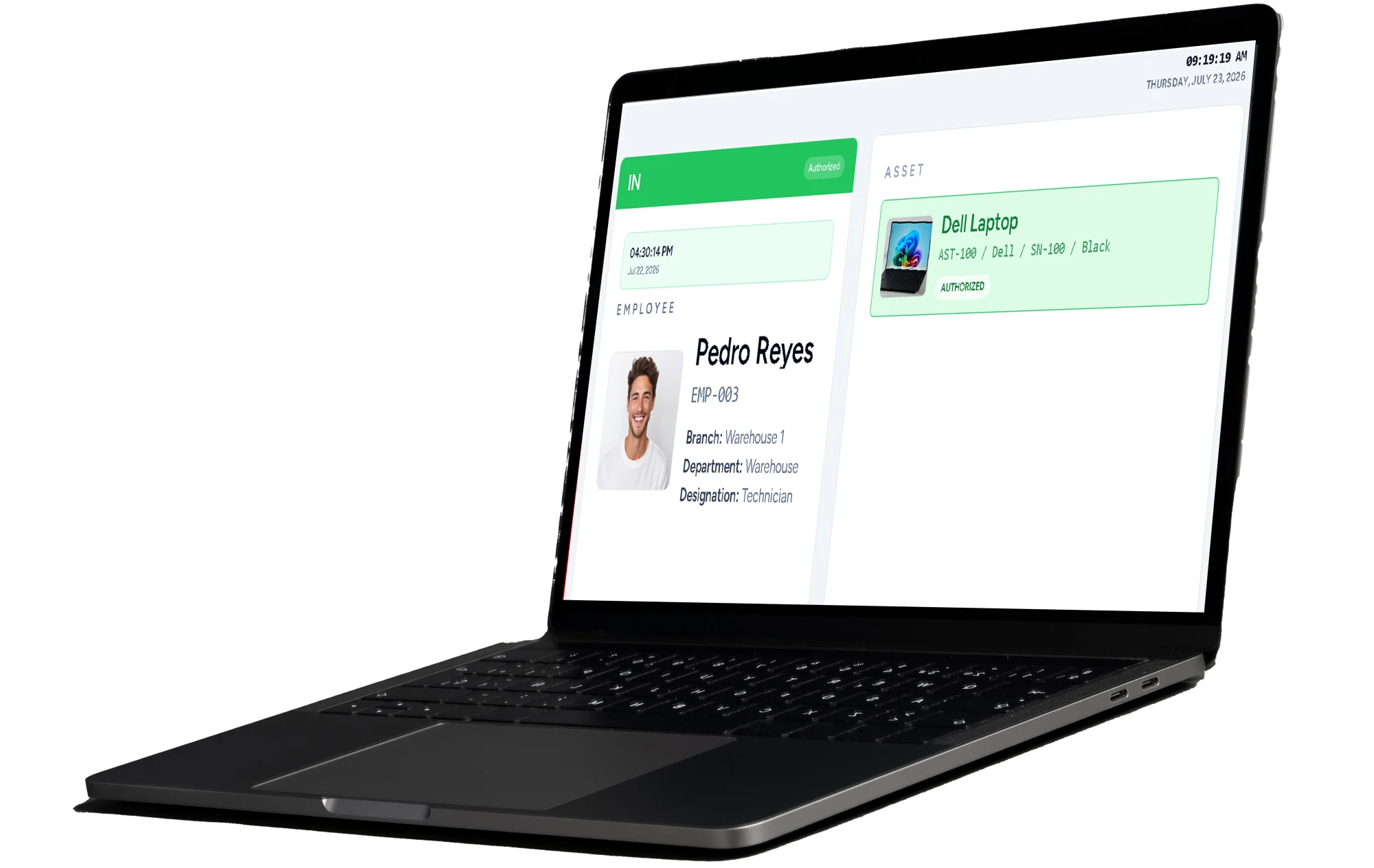 Asset Management System entry screen showing an employee and their authorized asset on a laptop