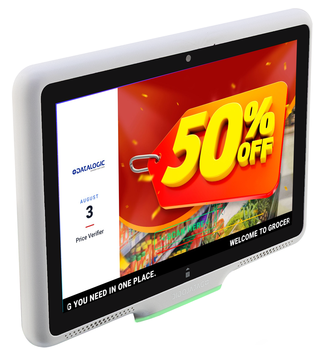 Price Verifier idle screen showing store promotions on a Datalogic device