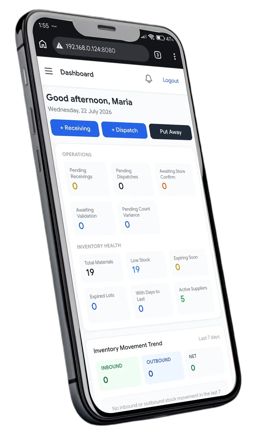Warehouse Management System dashboard on a mobile phone
